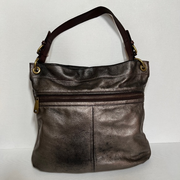 Fossil Explorer Metallic Leather Hobo ZB5503 Gunmetal/Brown - Picture 1 of 12